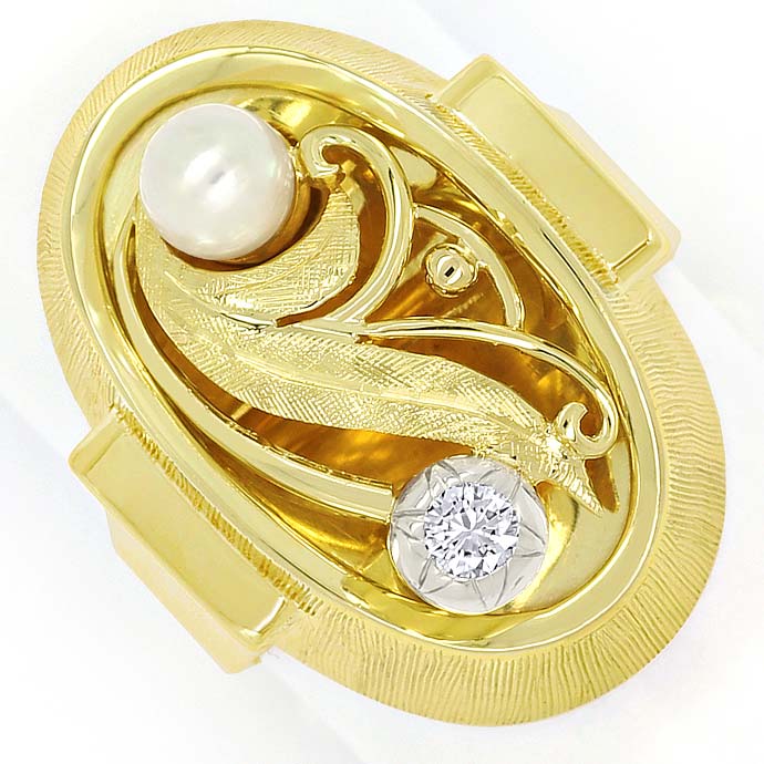 Foto 2 - Handarbeits-Gold-Ring 40er Jahre mit Brillant und Perle, S9500